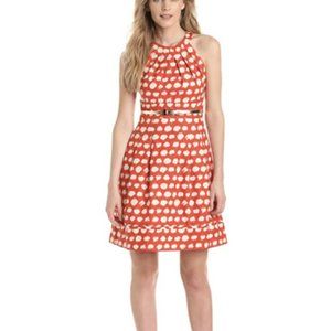Eliza J. Orange & White polka dot, fit and flare A line halter dress s 16